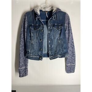 Free People Jean Jacket Distressed Denim Hoodie Knit Sleeves Size Small